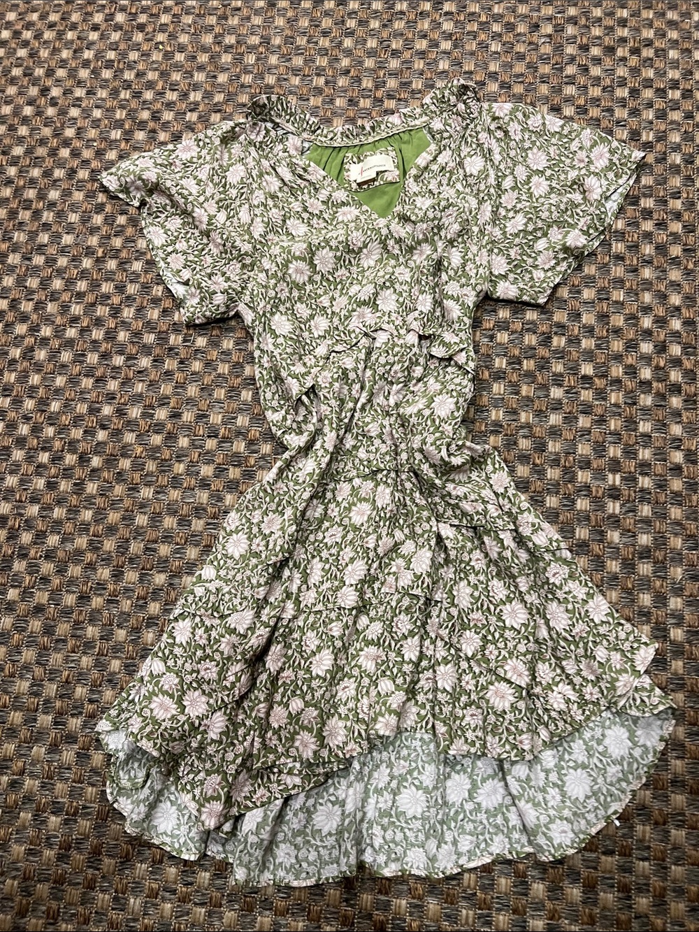 Anthropologie Green Floral Dress with Accents flutter sleeve M